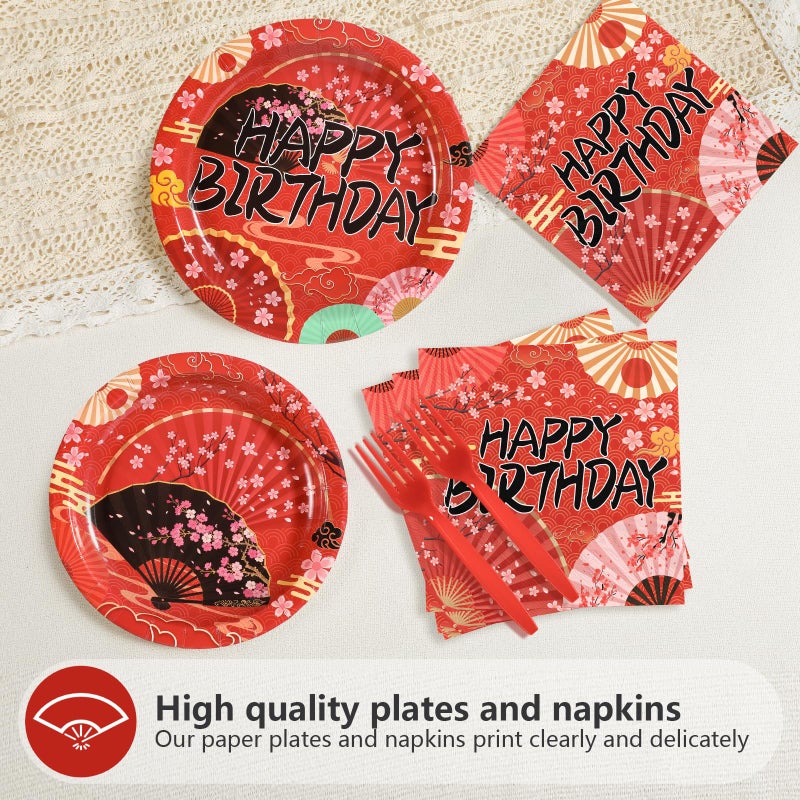 Grencian 96 Pcs Hibachi Party Decorations Folding Fans Birthday Party Supplies Disposable Japanese Fans Paper Plates Tableware for Birthday Hibachi Japanese Party Decorations Serves 24 - Image 3